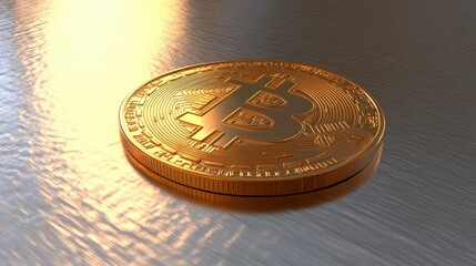 Poster - Brightly Lit Golden Bitcoin Coin Displayed on a Reflective Surface, Highlighting Intricate Details and Symbolism of Digital Currency in Modern Economy