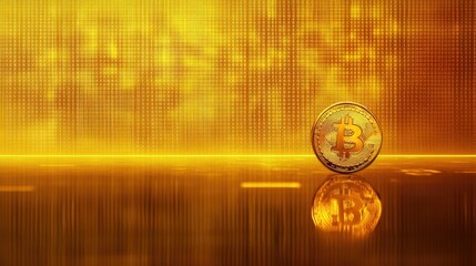 Poster - Golden Bitcoin Coin on Reflective Surface with Digital Background of Gold Colors Representing Cryptocurrency and Financial Technology Concepts
