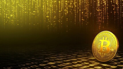 Poster - Golden Bitcoin on a Digital Background with Abstract Data Streams and Glowing Effects Representing Cryptocurrency and Financial Technology Concepts