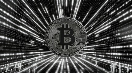 Poster - Abstract representation of digital currency with a central Bitcoin symbol against a backdrop of binary code and light beams illustrating cryptocurrency technology
