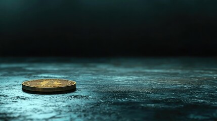 Poster - Close-Up of a Single Cryptocurrency Coin Resting on a Dark, Textured Surface with Soft Lighting, Symbolizing Digital Asset Investment and Modern Financial Technology