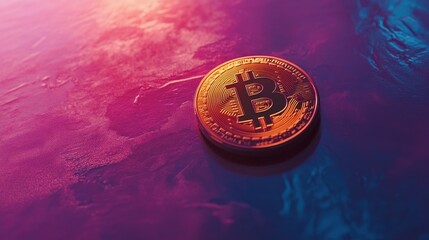 Aufkleber - A Close-Up View of a Shiny Bitcoin on a Colorful Surface with Reflections Highlighting the Digital Currency Concept and Modern Financial Technology Innovations