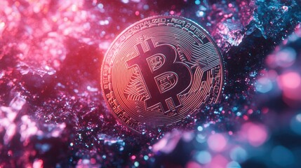 Poster - Stunning Close-Up of Bitcoin Cryptocurrency in a Vibrant Abstract Background, Showcasing Technological Innovation and Digital Finance Growth with a Futuristic Feel
