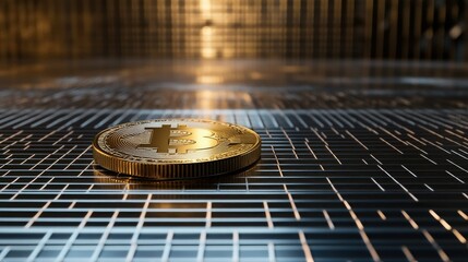 Poster - Golden Bitcoin on a Metallic Surface Reflecting Light, Symbolizing Digital Currency and Financial Technology Innovation in a Futuristic Setting