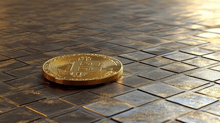Poster - A Close-Up View of a Golden Bitcoin Coin Resting on a Textured Dark Surface, Representing Cryptocurrency and Digital Finance Concepts