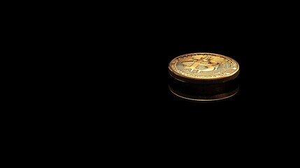 Poster - Gold Bitcoin Coin on a Dark Surface Reflecting Light with Shadow Details Showcasing Cryptocurrency Investment Concept for Financial Technology and Digital Economy