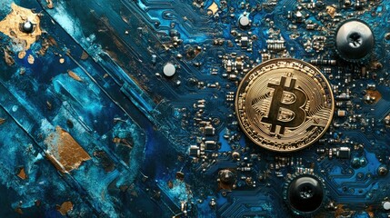 Poster - Golden Bitcoin Coin on a Vibrant Blue Digital Circuit Background with Futuristic Technology Elements Representing Cryptocurrency and Blockchain Concepts