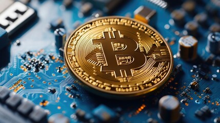 Poster - Close-Up of a Gold Bitcoin Coin Placed on a Circuit Board with Microchips and Electronic Components, Representing Cryptocurrency and Digital Finance Technology