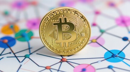 Poster - Golden cryptocurrency coin standing prominently on a vibrant abstract background representing technology, finance, and digital transactions with colorful nodes and connections.