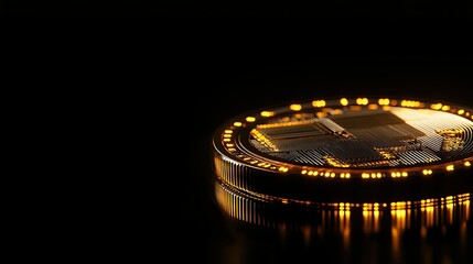 Poster - Glimmering Cryptocurrency Coin on Dark Reflective Surface, Illuminated by Soft Golden Lights, Representing Digital Wealth and Future Investments in the World of Finance