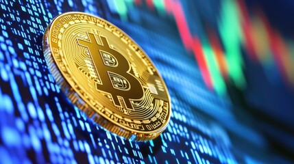 Poster - Golden Bitcoin Coin on a Digital Background with Stock Market Graphs and Data Representing Cryptocurrency Trends and Financial Investments in Blockchain Technology