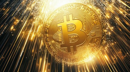 Poster - Bitcoin Cryptocurrency Surrounded by Rays of Light and Golden Sparkles, Symbolizing Wealth and Investment Opportunities in the Digital Age