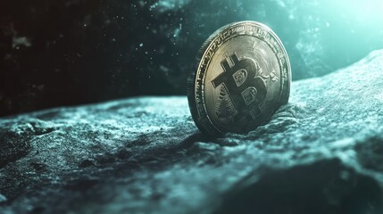 Poster - A Detailed Close-Up of a Single Bitcoin Coin on a Rough Surface with an Ethereal Light Glow, Capturing the Essence of Cryptocurrency and Digital Finance Exploration