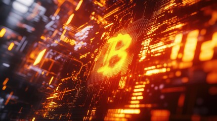 Poster - Futuristic Digital Illustration of Bitcoin Symbol Surrounded by Abstract Data Streams and Glowing Elements Representing Cryptocurrency Technology and Blockchain Networks