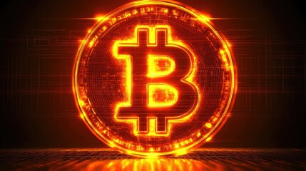 Poster - Glowing Bitcoin Symbol in Vibrant Orange Glow Against Dark Background, Representing Cryptocurrency Growth, Digital Finance, and Innovative Technology