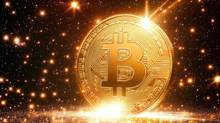 Poster - Shimmering Bitcoin Coin on Glittering Background Symbolizing Cryptocurrency Success and Financial Growth in Digital Economy