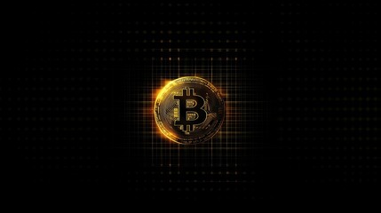 Poster - Shining Bitcoin Cryptocurrency Coin on a Dark Background with Digital Grid and Sparkling Effects Highlighting the Importance of Digital Currency in Modern Economy