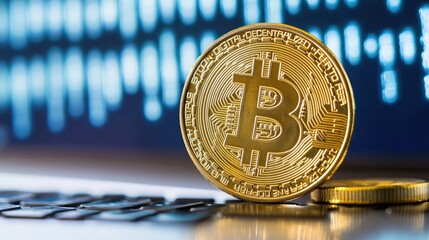 Poster - Golden Bitcoin Coin on Laptop Keyboard with Cryptocurrency Graph in Background for Financial Investment and Digital Currency Conceptual Visualization