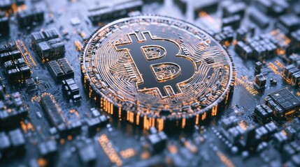 Poster - Detailed close-up of a Bitcoin symbol embedded in a futuristic circuit board, showcasing technology, cryptocurrency, and innovation in digital finance systems and blockchain networks.