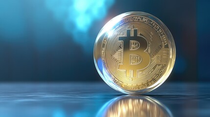 Poster - Golden Bitcoin Coin on Soft Focus Background Illuminated by Blue Lights Representing Digital Currency and Blockchain Technology in Modern Finance Environment