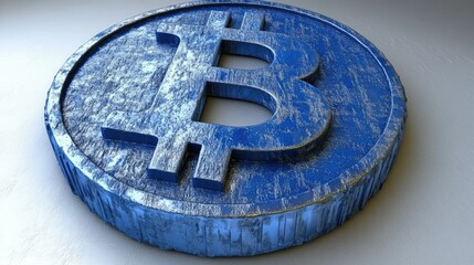 Poster - Textured representation of a Bitcoin coin in deep blue color showcasing the iconic symbol, highlighting the digital currency trend and its modern financial impact in today's economy.