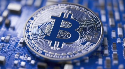 Poster - Bitcoin Cryptocurrency Symbol on Circuit Board Background, Representing Digital Currency and Blockchain Technology for Financial Innovation and Investment Opportunities