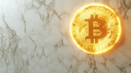 Poster - Bright Bitcoin Symbol Glowing on Marble Background Reflecting Digital Currency and Future Financial Technology Concepts