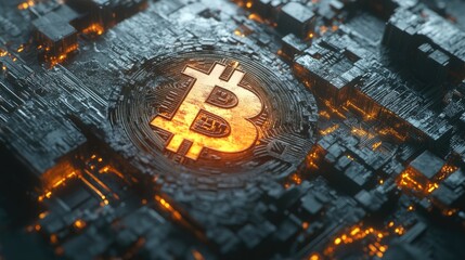 Poster - Glowing Bitcoin Symbol Emerging from Abstract Circuitry, Highlighting the Intersection of Digital Currency and Technology in a Futuristic Design