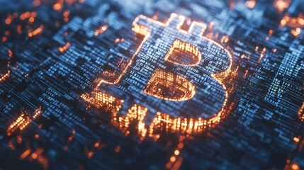 Poster - Glowing Bitcoin Symbol Surrounded by Digital Data and Binary Codes Illustrating Cryptocurrency Technology and Innovation in a Futuristic Perspective