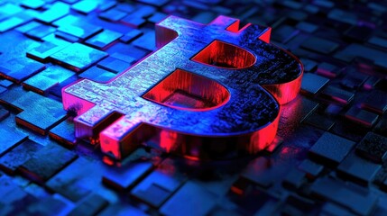 Poster - Vibrant 3D Bitcoin Symbol on Textured Background with Blue and Red Lighting for Cryptocurrency, Finance, Economics, and Money Concepts