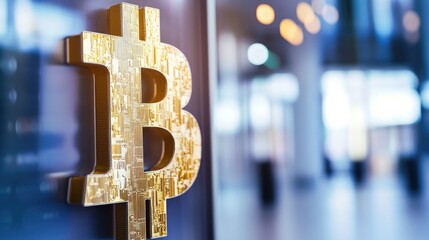 Poster - Golden Bitcoin Symbol with Technology Background in Modern Office Space Representing Cryptocurrency Trends and Digital Finance Innovations