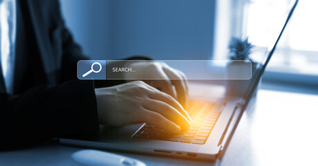 Poster - person clicking internet search page on touch screen. searching information on internet. seo searchi