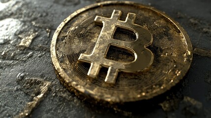 Poster - Golden Bitcoin Symbol on a Dark Grunge Background Representing Cryptocurrency, Digital Finance, and Blockchain Technology in a Modern Economic Setting