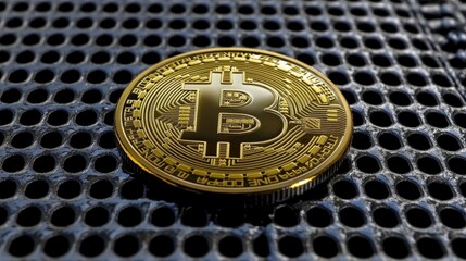Poster - Golden Bitcoin Cryptocurrency Coin on Dark Metal Grid Background Reflecting Modern Financial Technology and Digital Asset Investment Trend in the 21st Century Economy