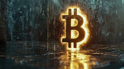 Poster - Glowing Bitcoin Symbol Illuminated in a Dark, Rain-Drenched Environment, Signifying the Future of Digital Currency and Financial Innovation in a Gloomy Landscape