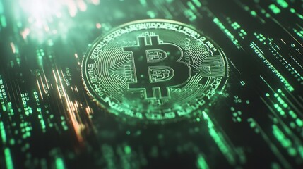 Poster - Digital representation of cryptocurrency symbol surrounded by glowing data streams, illustrating blockchain technology and financial innovation concepts