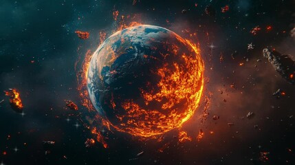 Wall Mural - Giant planet exploding in space burning in the space video footage.