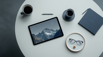 Poster - Realistic product mockup of a tablet prototype on a desk with a clean background and ample space for text