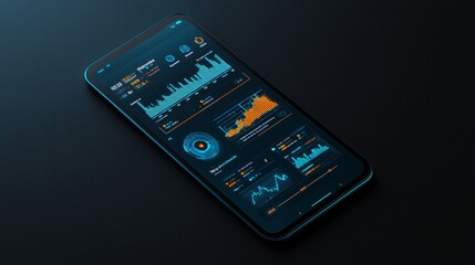 Poster - Modern digital prototype mockup of a mobile app interface with sleek, minimalist design and interactive elements, displayed on a black background with ample copyspace