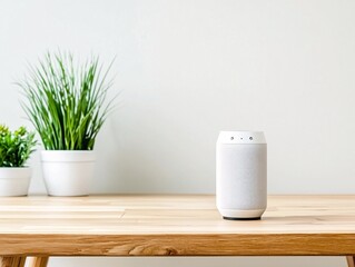 Poster - Modern product mockup of a voice-controlled home device on a wooden table, showcasing the prototype interface in a natural setting