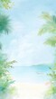 © cosmosgod - Abstract Marketing Background Featuring a Cartoon Illustration of a Beach Scene with Palm Trees and Boats in the Water, Enhanced by Soft Watercolor Tones, Ideal for AI-Generated Wallpaper and Digital
