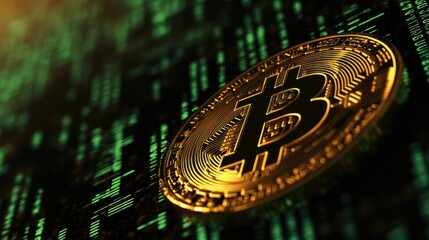 Poster - Close-Up View of a Bitcoin on Digital Matrix Background Representing Cryptocurrency Concept with Gold Coin Shining Amidst Computer Code and Data Streams