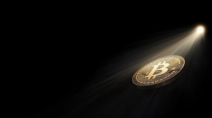 Poster - Illuminated Bitcoin Token in Dark Surrounding Featuring Radiant Light Burst Symbolizing Financial Innovation and Digital Currency Growth Concept