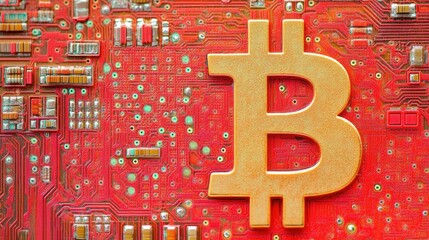 Poster - Gold Bitcoin Symbol on Red Circuit Board Background Representing Cryptocurrency Technology and Digital Financial Innovation in Modern Economy