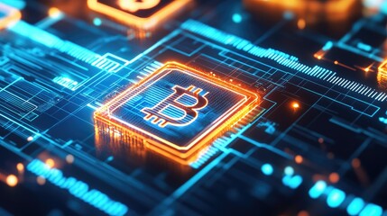 Poster - Futuristic Digital Cryptocurrency Concept Featuring Glowing Bitcoin Symbol on Circuit Board, Representing Blockchain Technology and Financial Innovation in Modern Economy