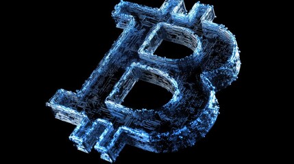 Poster - Abstract Digital Representation of Bitcoin Symbol in Blue Glow With Geometric Lines on a Dark Background, Representing Cryptocurrency and Blockchain Technology Concepts