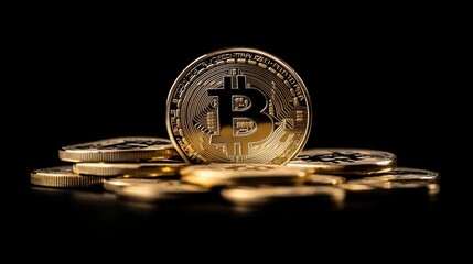Poster - Shiny Gold Bitcoin Coins Stacked on a Black Surface Symbolizing Cryptocurrency Investment and Digital Finance Revolution in Modern Economy