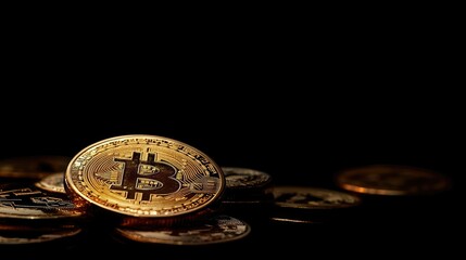 Poster - Close-Up of Shiny Bitcoin Coins Stacked on Black Background Highlighting the Digital Currency Representing Modern Finance and Investment Opportunities