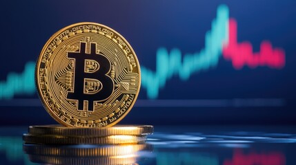 Poster - Detailed Gold Bitcoin Coin with Financial Chart Background Illustrating Cryptocurrency Market Trends and Volatility in Digital Finance Investments