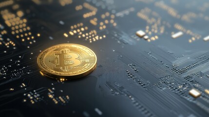 Poster - Gold Bitcoin Coin Resting on a Dark Circuit Board, Symbolizing Digital Currency and Modern Technology in a Futuristic Financial Environment